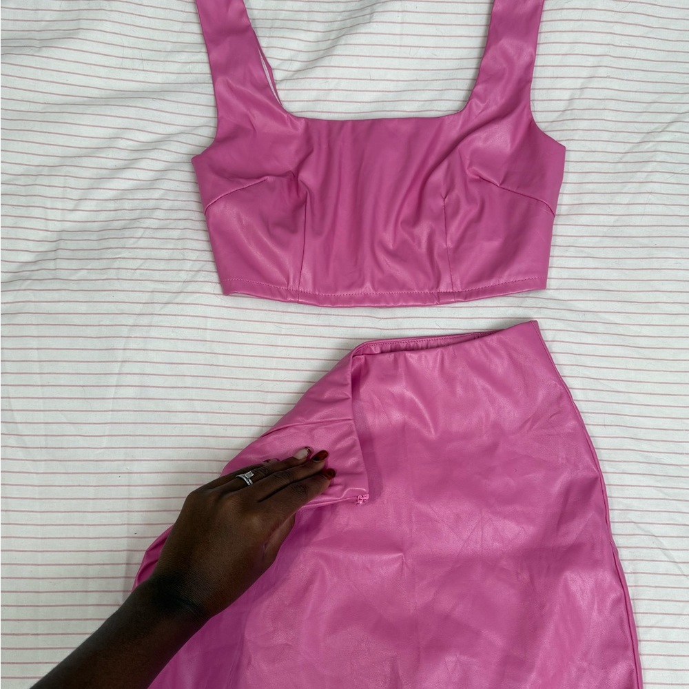 XS-Bubblegum Pink Faux Leather Skirt Set